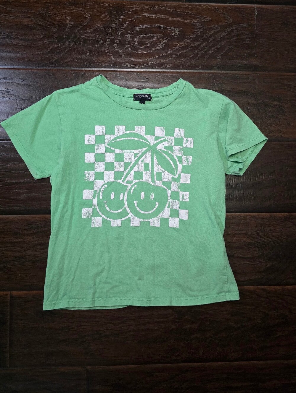 Originality Girls Green Cherry Smiley Face Short Sleeve Crop T-shirt Large